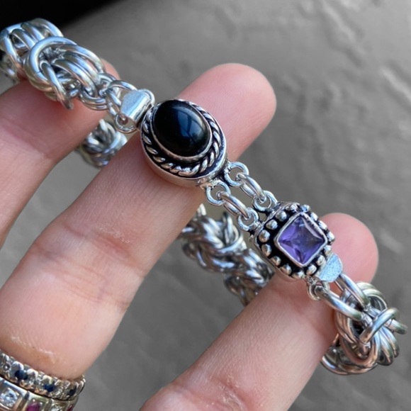 Amethyst & onyx gemstones , handmade maille links bizantine chain bracelet - Picture 2 of 15